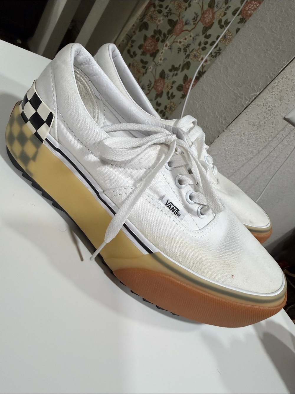 Vans White Checkerboard Platform Lace-Up Sneakers with Gum Sole
